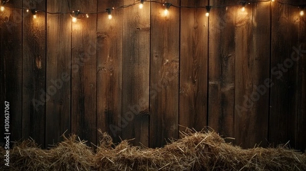 Fototapeta Rustic wooden wall and warm string lights with straw in farmhouse setting