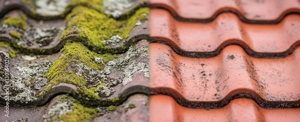 Fototapeta Comparison of mossy and clean red roof tiles: a visual contrast in maintenance