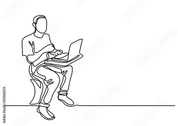 Fototapeta continuous line drawing of a guy sitting with laptop computer