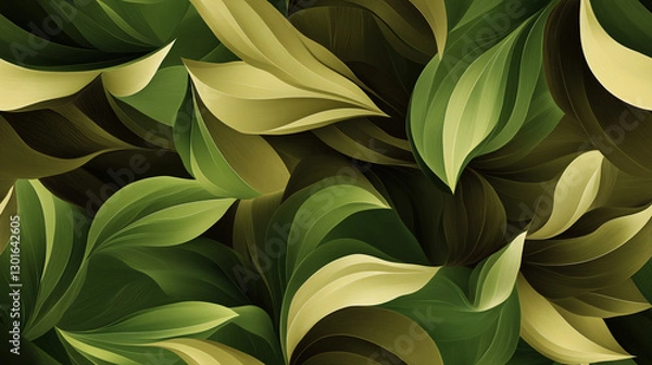 Fototapeta A seamless abstract leaf pattern with swirling dark green and olive shapes, deep brown accents, and soft beige highlights, creating a clean, vector-style design with natural, earthy tones