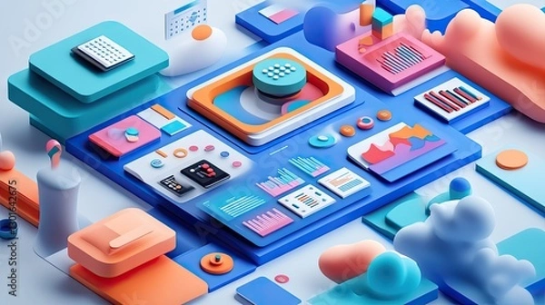 Fototapeta Abstract 3D Data Visualization with Colorful Geometric Shapes in a Futuristic Setting