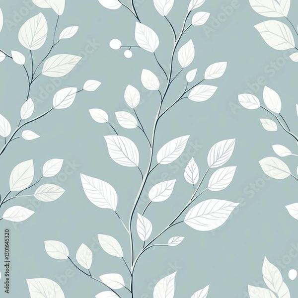 Fototapeta Delicate white leaves on light teal branches seamless pattern