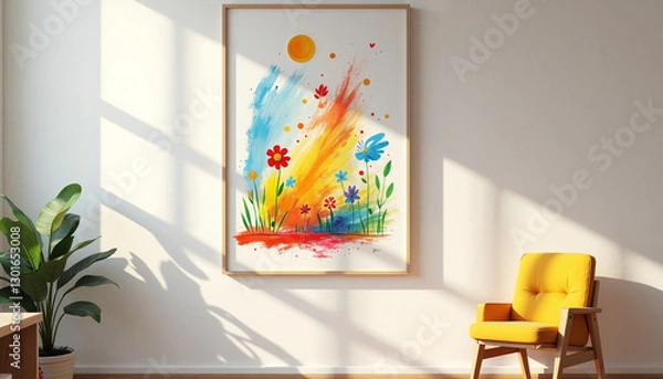 Fototapeta Colorful flower painting in sunny living room