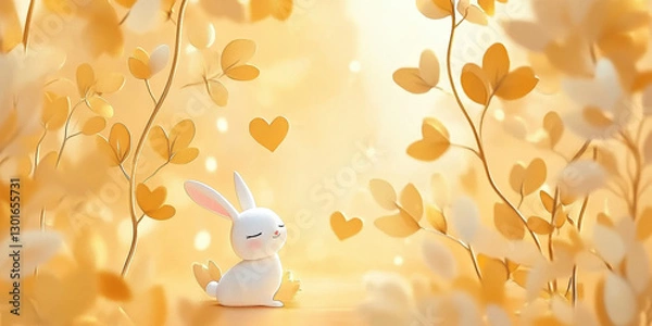Fototapeta A bunny and chick relax in a scenic meadow bathed in warm golden light, framed by towering sunflowers and gentle foliage, creating a cheerful and harmonious atmosphere