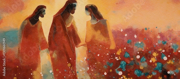 Obraz Disciples Encounter the Risen Christ on the Road to Emmaus, watercolor