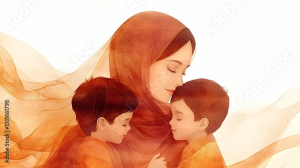 Fototapeta Loving Mother Holds Two Sons Gently