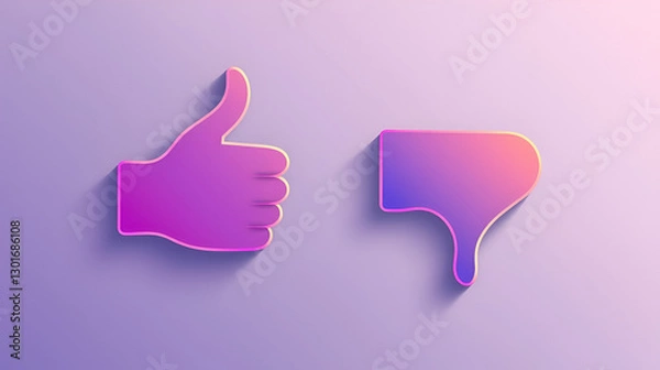 Obraz Thumb up and down in colorful gradient design. Ok and negative symbol. Positive or bad choice. Isolated illustration of like or dislike icon. Social button of decision. Insta style. Vector EPS 10.