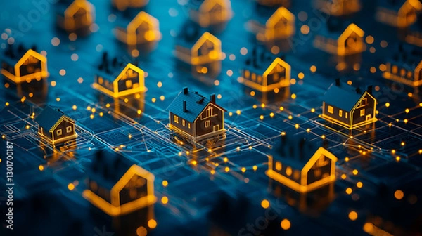 Fototapeta Digital network of interconnected houses