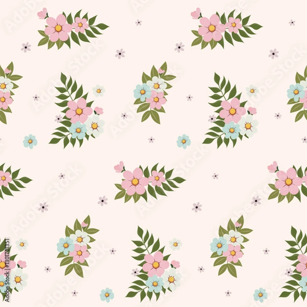 Fototapeta The simple floral design features evenly spaced delicate flowers against a light, neutral background. For textiles, cotton fabric, covers, wallpaper, printing, cards, scrapbooking.
