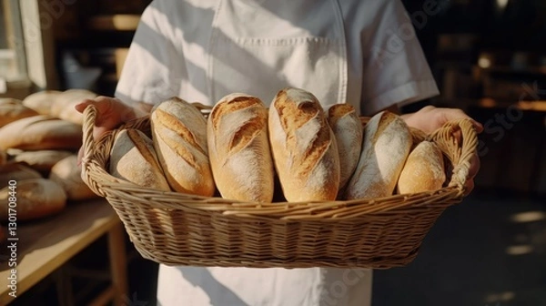 Obraz Baker holding basket of fresh loaves in bakery