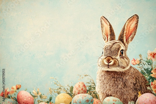 Obraz Easter Bunny Sitting on Grass Among Easter Eggs – Space for Text