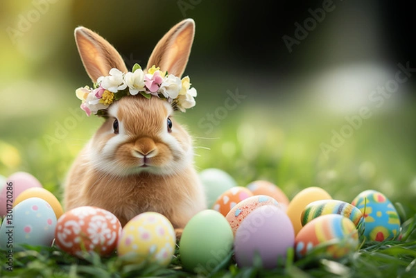Obraz Easter Bunny Sitting on a Meadow Surrounded by Easter Eggs