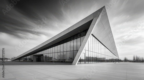 Fototapeta Modern angular architecture with glass facade under dramatic sky
