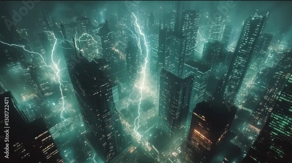 Fototapeta Lightning strikes futuristic city at night; aerial view, dystopian backdrop, video game concept