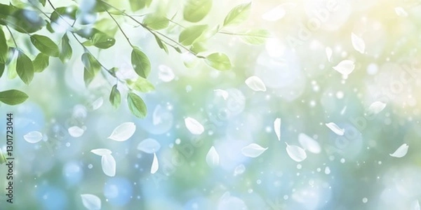Fototapeta Stunning Elegant Spring-Themed Backdrop with Fresh Green and Soft Blue Gradients, Delicate Petals, and Artistic Bokeh Effect Perfect for Professional Use and Copy Space in 8K Resolution