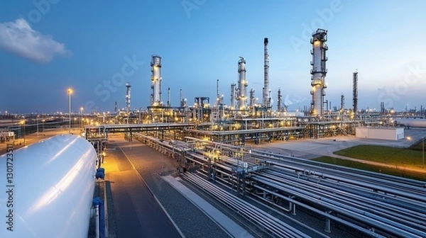 Fototapeta Nighttime view of an illuminated gas processing plant facility with towering storage tanks pipelines and under a glowing evening sky