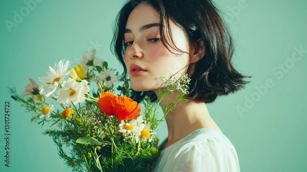 Fototapeta Vibrant Joy: Young Woman Holding a Colorful Bouquet of Wildflowers with Daisies and Poppies Against a Soft Bokeh Background - High-Resolution Fashion Photography in Sage Green