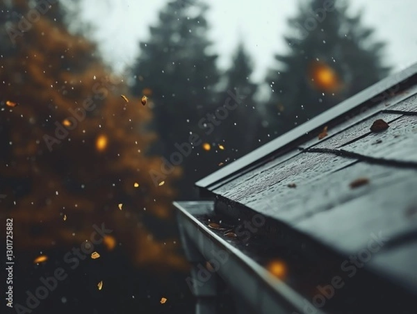 Fototapeta Rainy autumn roof scene with falling leaves and soft focused trees