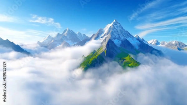 Fototapeta Snow-capped peaks emerge from a sea of fluffy clouds, illuminated by the soft morning light on a clear day. The vibrant greenery complements the breathtaking view of the mountains
