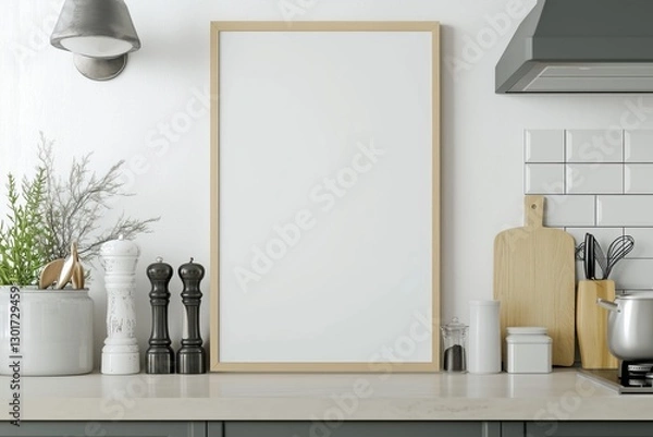 Fototapeta Mockup de moldura vertical em cozinha moderna com utensílios, plantas e decoração minimalista, criado com IA generativa para visualização de arte e design
