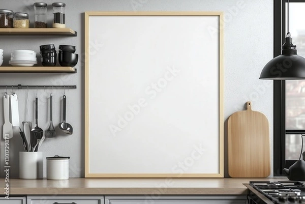 Fototapeta Mockup de moldura vertical em cozinha moderna com utensílios, plantas e decoração minimalista, criado com IA generativa para visualização de arte e design