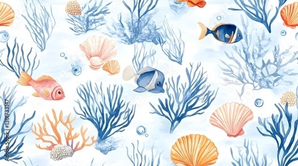 Fototapeta Vibrant Underwater Marine Life Pattern with Coral Reefs Fish and Seashells in Watercolor Style