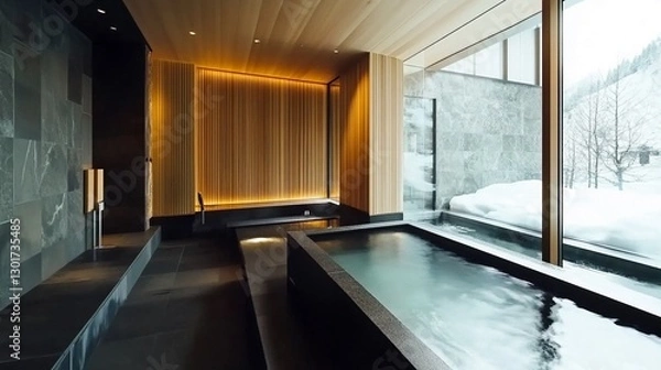 Fototapeta Modern Nordic Thermal Bath with Hot and Cold Pools in Minimalist Spa Design