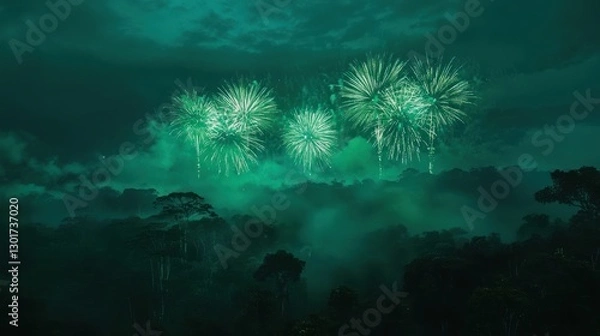 Fototapeta Green fireworks exploding over a misty forest at night.