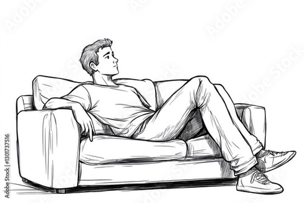 Fototapeta Monochrome Illustration of a Man Relaxing on Sofa: Modern Home Interior and Lifestyle Art