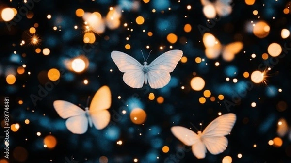 Obraz White butterflies fly amidst sparkling bokeh, dark background, magical design