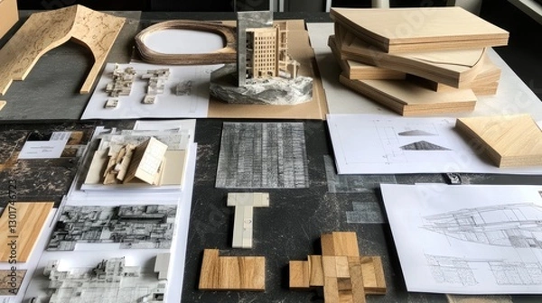 Fototapeta An architectural vision board with pinned design sketches, material samples, and D renders.