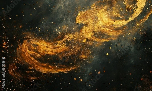 Fototapeta Artistic golden sparks swirling on a textured black surface, illuminated by warm light creating a dramatic and festive composition