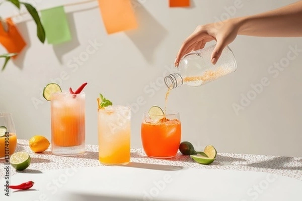 Obraz Refreshing citrus summer cocktails with assorted garnishes and hand pouring
