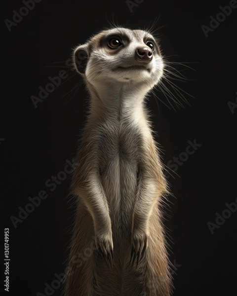 Fototapeta A curious meerkat standing upright against a dark background, looking up.