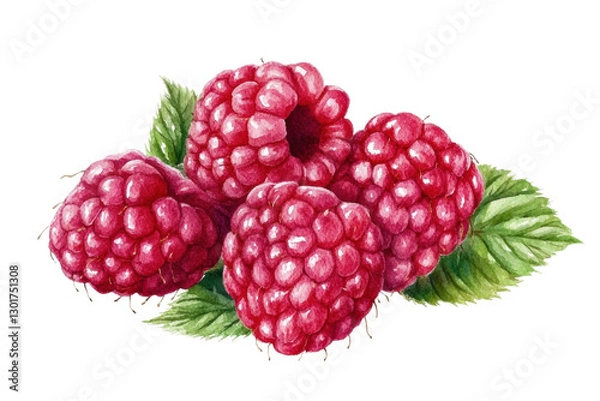 Obraz Fresh ripe raspberries with green leaves close up, cut out