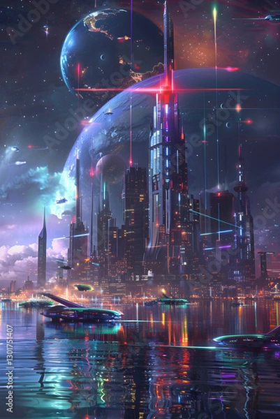 Obraz Futuristic Metropolis under Celestial Bodies: A Glimpse of Advanced Civilization
