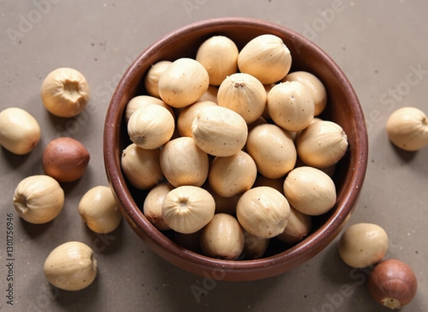 Obraz A brown bowl filled with light beige nuts and some scattered around on a neutral background.