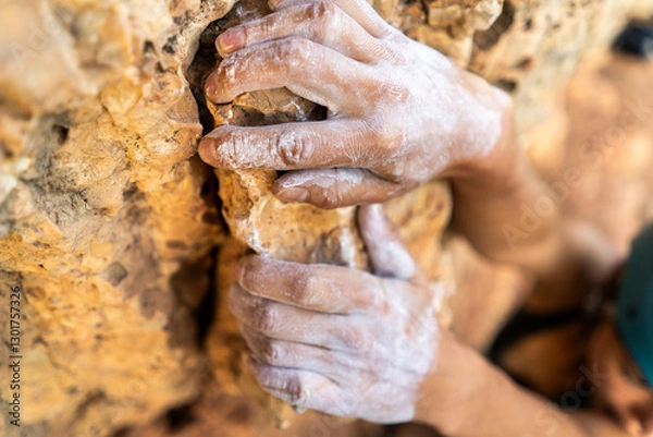 Fototapeta Young girl is engaged in extreme sports, fearlessly climbs up the rock using white magnesia powder, holds her hand to the ledge in the relief,