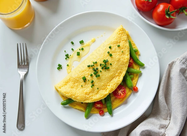 Obraz Overhead shot of a delicious omelette with green beans and tomatoes on a white plate.