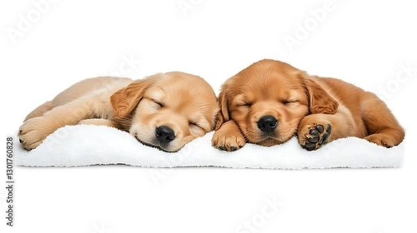 Fototapeta Sweet Dreams: Two Golden Labrador Puppies Snuggling on a Soft Blanket AI Generated