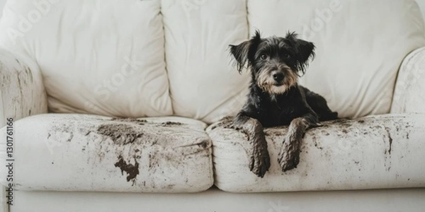 Obraz A Playful Dog Enjoys Resting Happily on a Couch That Is Covered in Some Stains on Its Fabric