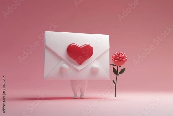 Fototapeta Heartfelt delivery on a soft pink background with a charming envelope and a single red rose. Generative AI