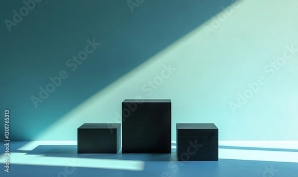 Fototapeta Dynamic black geometric cubes glowing under soft blue ambient lighting, creating a futuristic and minimalist composition