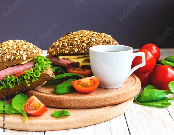 Fototapeta Burger sandwich with ham, cheese, tomatoes and lettuce
