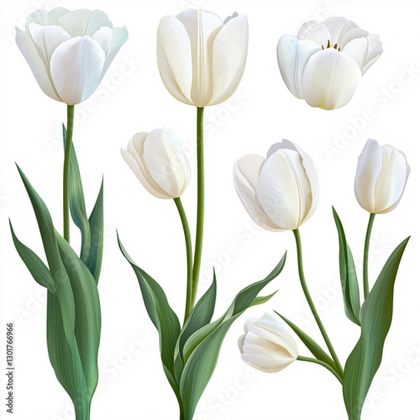 Fototapeta Perfect for floral design projects, wedding invitations, or any clean aesthetic requiring elegant white tulip illustrations