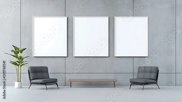Fototapeta Modern Interior: Three Blank Canvases in a Concrete Room AI Generated