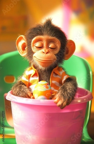 Fototapeta A satisfied little monkey holding an Eastern egg, wearing an orange and white striped shirt sits in a pink plastic bucket, with its mouth closed, surrounded by green chairs, bright colors, and a happy