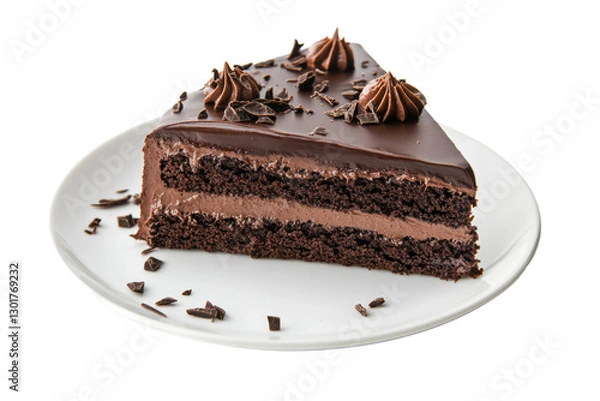 Obraz Delicious chocolate cake slice on a white plate, cut out