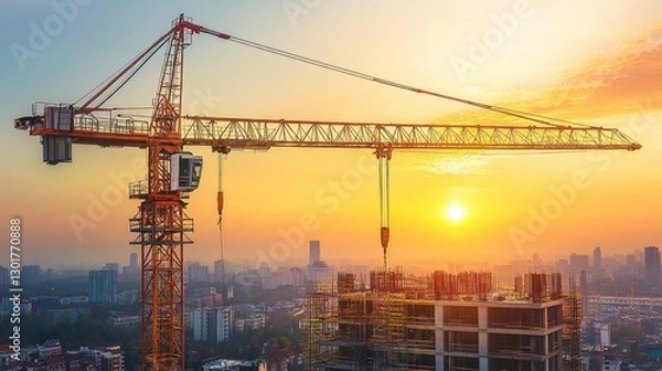 Fototapeta A vibrant orange tower crane operating at sunrise, silhouetted against a golden sky.