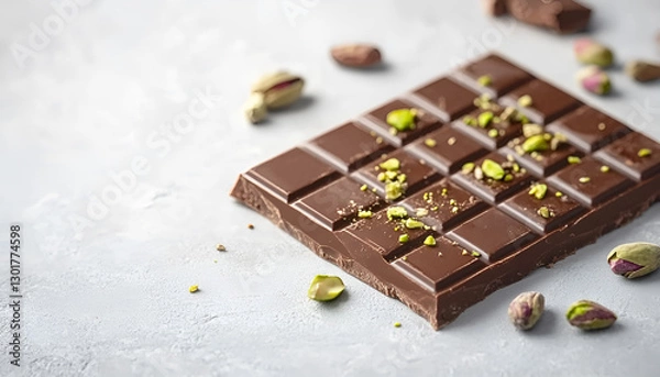 Fototapeta Pieces of Dubai chocolate bar with pistachios and knafeh on light gray table, close-up